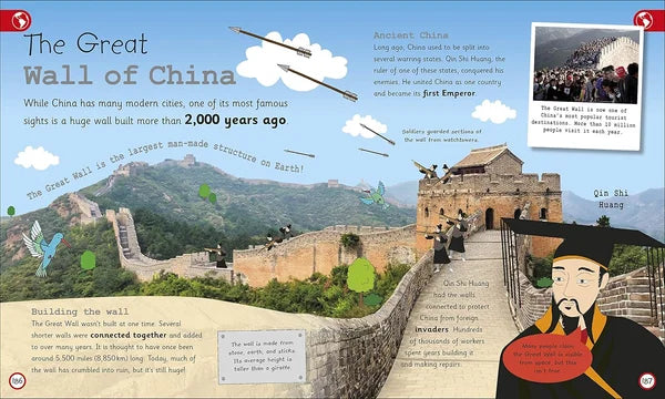 Educational illustration about the Great Wall of China with text and graphics.