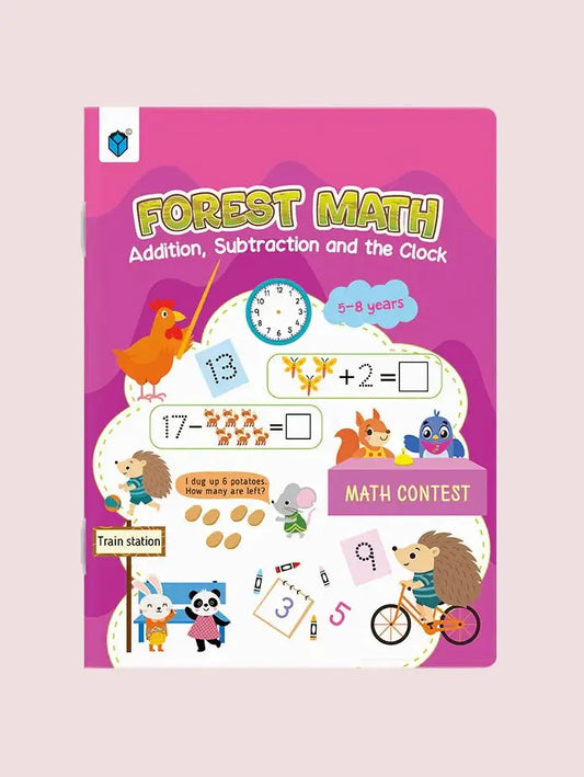 A children's math activity sheet titled 'Forest Math: Addition, Subtraction and the Clock' with colorful cartoon illustrations including a bird, clock, fox, hedgehog, panda, bee, and bicycle on a pink cover, shown against a light beige background.
