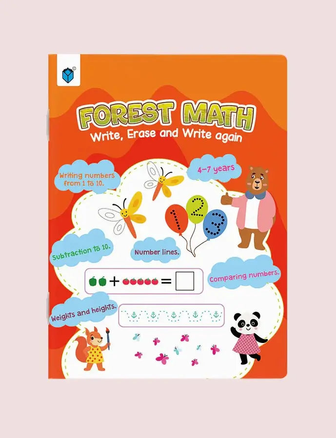 Forest Math educational workbook cover featuring a bright orange and white design with cartoon animals including a bear, panda, fox, and butterfly, along with writing and number practice sections.