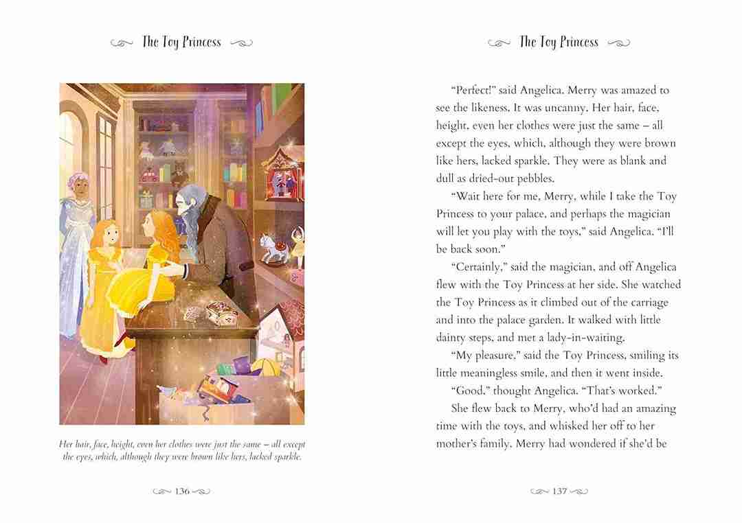 Illustrated book page with characters in a room and text on the right side.