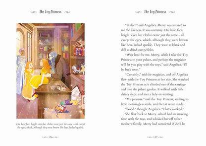 Illustrated book page with characters in a room and text on the right side.