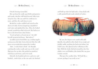 Illustrated book page with a princess by a lake and text.