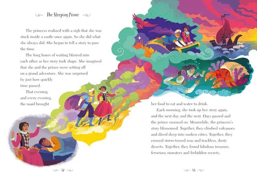 Illustrated book page with colorful scene of a princess and prince, ship, and castle.