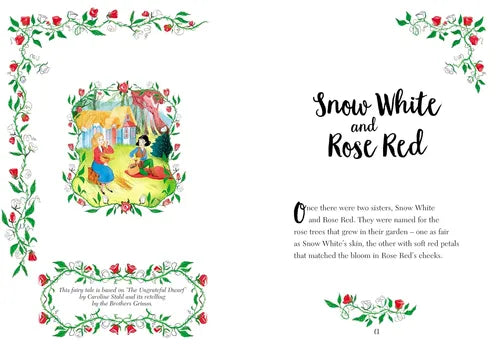 Illustrated book page with 'Snow White and Rose Red' story text and character illustration.