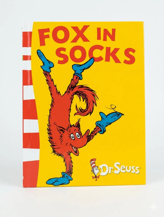 Book cover of 'Fox in Socks' by Dr. Seuss with a yellow background and red text.