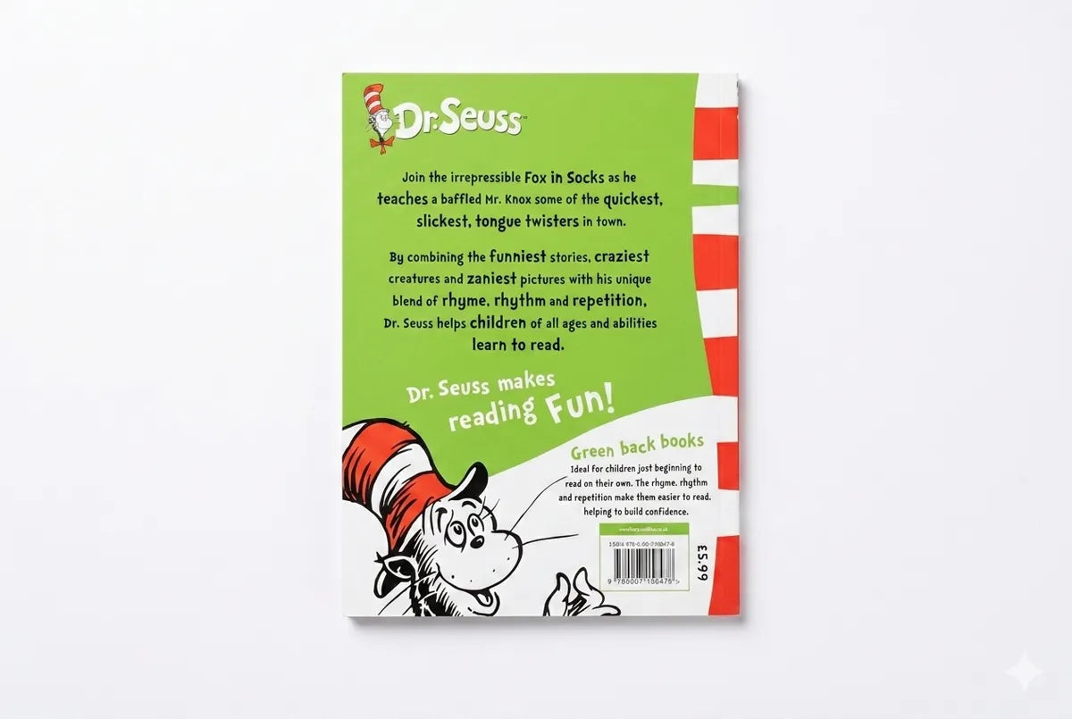 Back cover of a Dr. Seuss book with green and red design