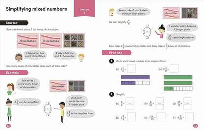Mathematics textbook page on simplifying mixed numbers with illustrations and examples.