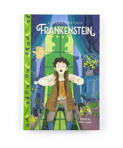 A hardcover book titled 'Frankenstein' from the Classics Retold series, featuring an illustrated cover of a shocked man in a laboratory with green and blue tones, and a bright green spine.