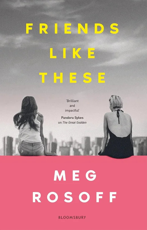 Book cover of 'Friends Like These' by Meg Rosoff with two people on a rooftop and a city skyline.