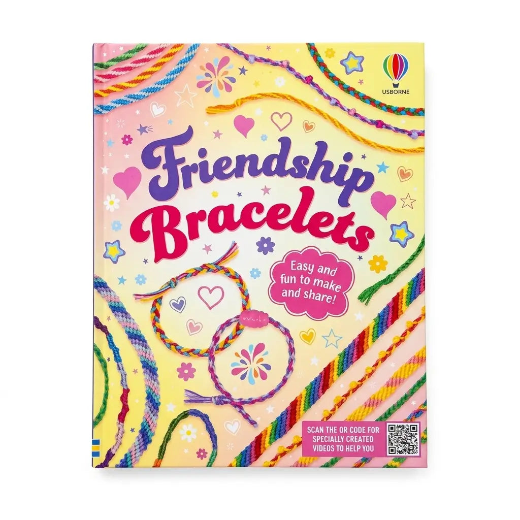 Friendship Bracelets craft kit book cover by Usborne, featuring a pastel yellow background decorated with colorful braided cords, hearts, stars, and the title in playful purple and pink lettering.