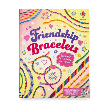 Friendship Bracelets craft kit book cover by Usborne, featuring a pastel yellow background decorated with colorful braided cords, hearts, stars, and the title in playful purple and pink lettering.