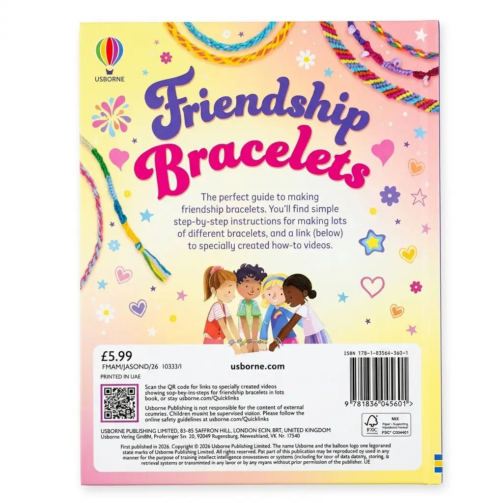 Back cover of a Usborne book titled 'Friendship Bracelets' with colorful illustrations, text about making friendship bracelets, a barcode, and a small photo of two children wearing bracelets.