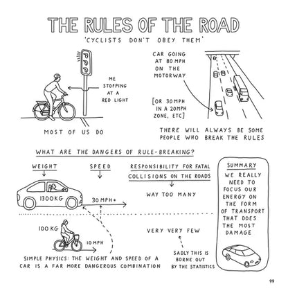 Illustration of 'The Rules of the Road' with cycling and car safety information.