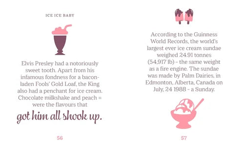 Page from a book or magazine with text about Elvis Presley's ice cream preferences and a Guinness World Records fact about an ice cream sundae.