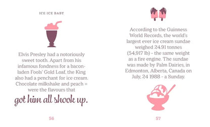 Page from a book or magazine with text about Elvis Presley's ice cream preferences and a Guinness World Records fact about an ice cream sundae.