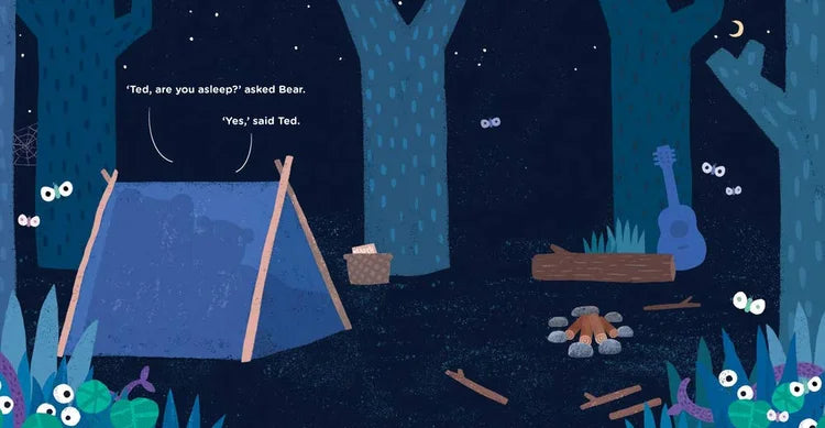 Illustration of a camping scene with a tent, campfire, and trees at night.