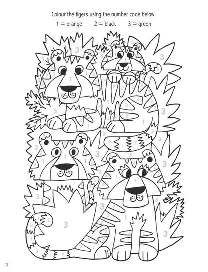 Coloring page with cartoon tigers to be colored using number codes.