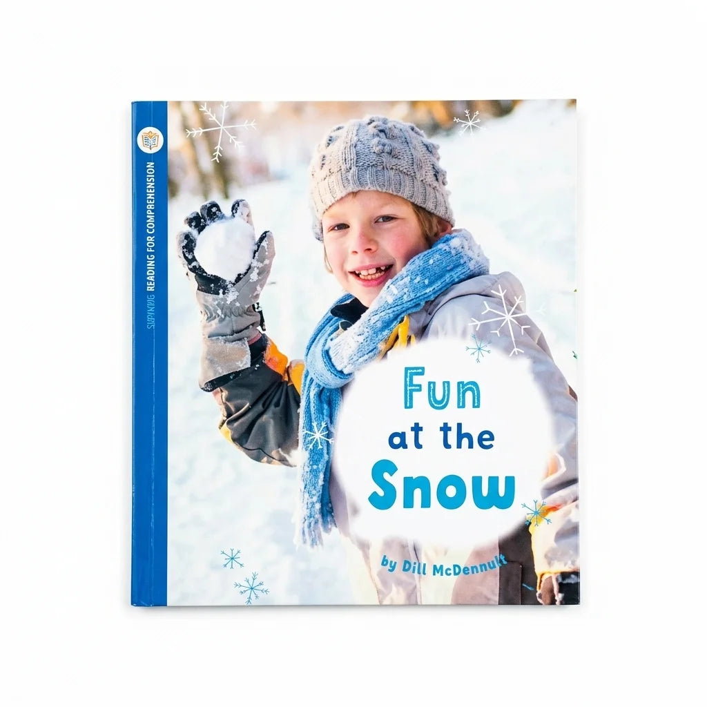 A children's book titled "Fun at the Snow" by Bill McDonnell, featuring a cover photo of a child in winter clothing holding snow. The book has a blue spine and is shown on a plain white background.