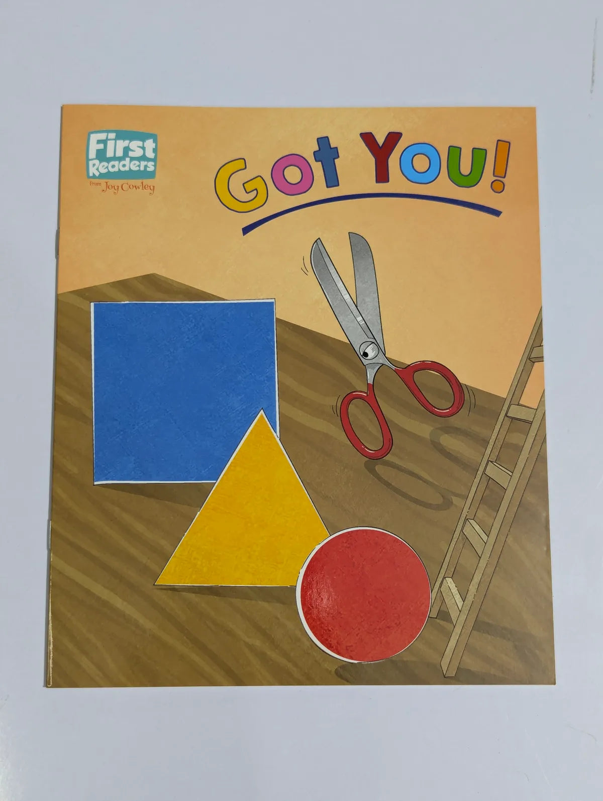 Book cover with shapes and scissors on a wooden surface, titled 'Got You!'.