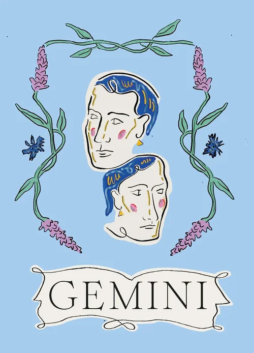 Illustration of Gemini zodiac sign with stylized faces and floral elements on a blue background