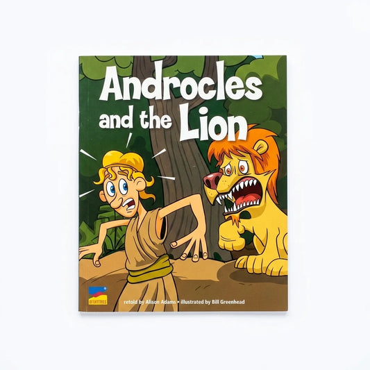 A children's book titled 'Androcles and the Lion' shown flat against a light gray background. The cover features colorful cartoon artwork of a man in a robe and a lion in a jungle scene, with the title in large white text at the top.