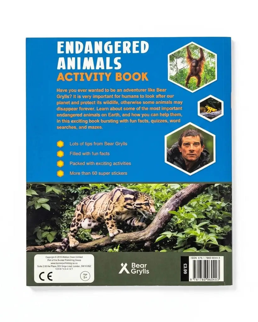 The back cover of a children's activity book titled 'Endangered Animals Activity Book' by Bear Grylls, featuring a blue header, text, small inset photos, and a large jungle scene with a tiger at the bottom.