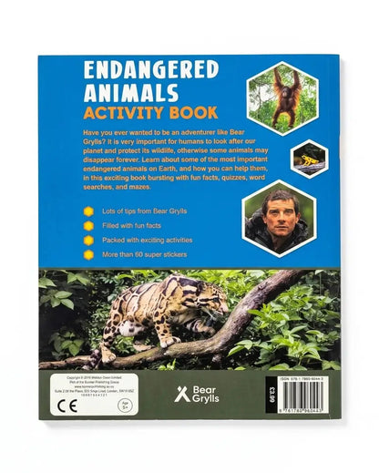 The back cover of a children's activity book titled 'Endangered Animals Activity Book' by Bear Grylls, featuring a blue header, text, small inset photos, and a large jungle scene with a tiger at the bottom.