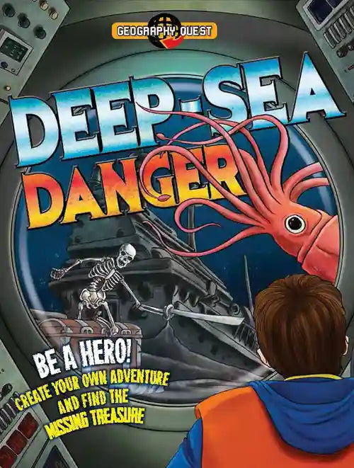 Book cover of 'Deep Sea Danger' with a person looking into a screen and a giant squid illustration.