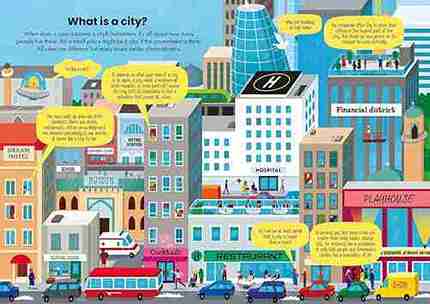 Illustration of a cityscape with buildings, roads, and vehicles, accompanied by text explaining what a city is.