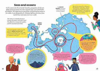 Educational illustration of world map with oceans and text bubbles about seas and oceans.