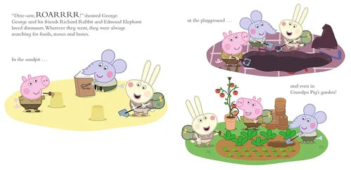 Illustrations of cartoon animals at different activities on a playground and in a garden.