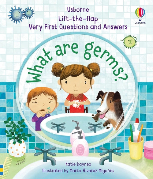 Book cover of 'What are Germs?' by Usborne with cartoon children and dog in a bathroom setting.