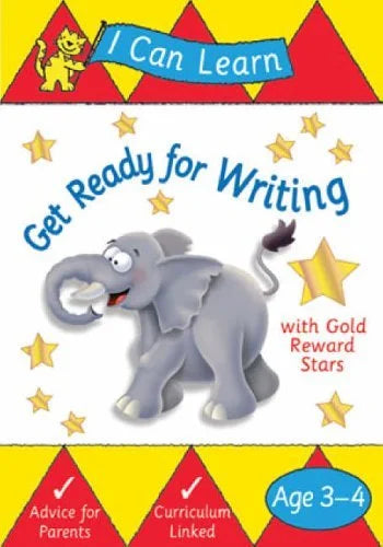 Book cover of 'Get Ready for Writing' with an elephant and stars, aimed at age 3-4.