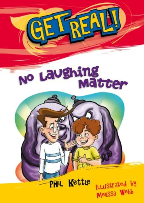 Book cover of 'No Laughing Matter' with cartoon characters and colorful design.