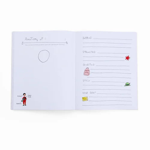 Sheet of paper with various illustrations and text on a white background