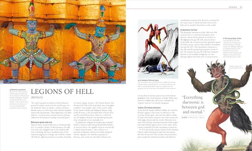 Illustrations of demonic figures with descriptive text on a magazine or book page.
