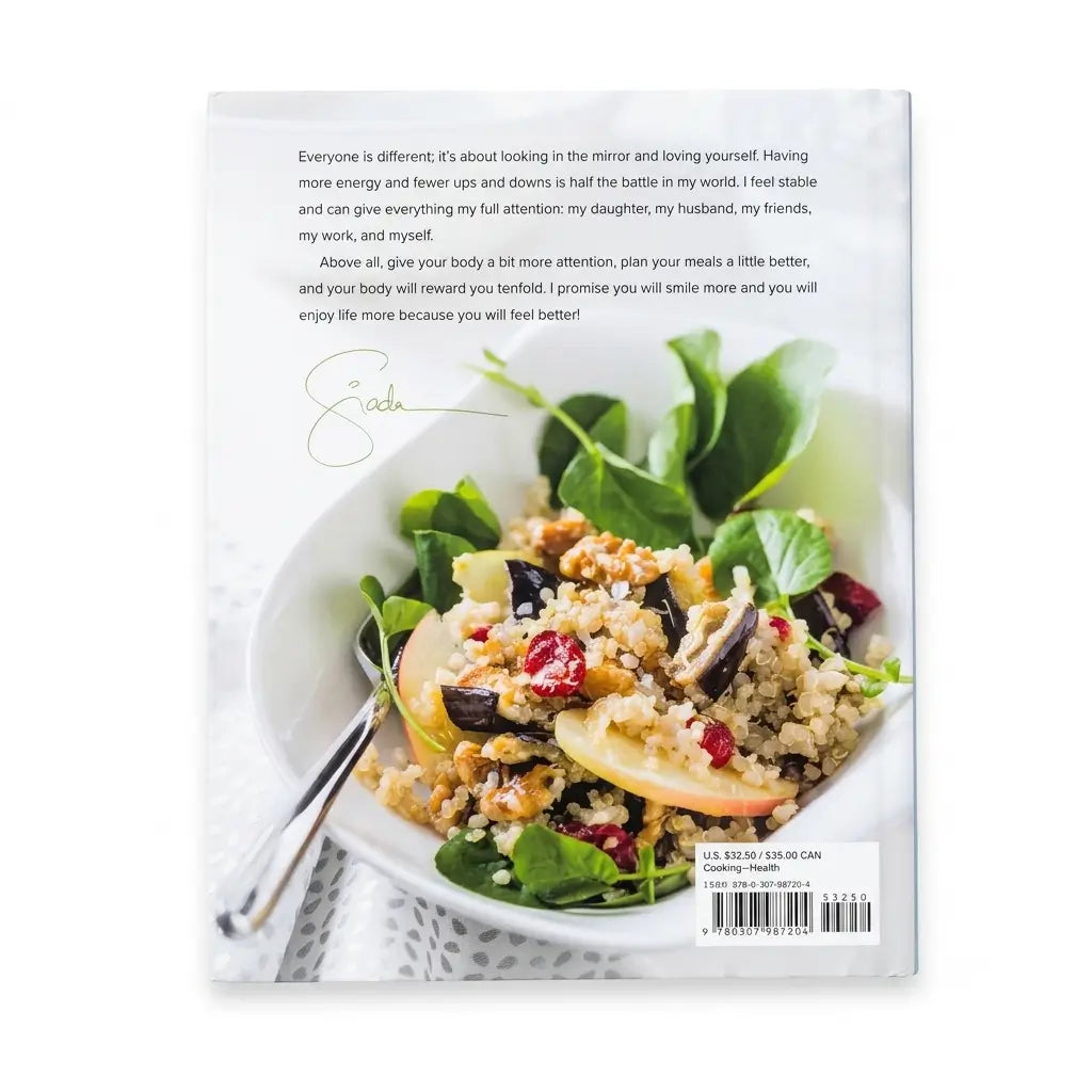 The back cover of a book titled 'Eating Well' by Erika, featuring a clean white background, a quote at the top, and a large photograph of a fresh salad with quinoa, avocado, and dried cranberries.