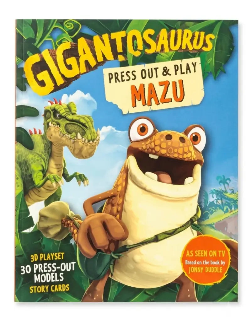 Gigantosaurus press-out and play maze book with cartoon dinosaurs on a colorful background