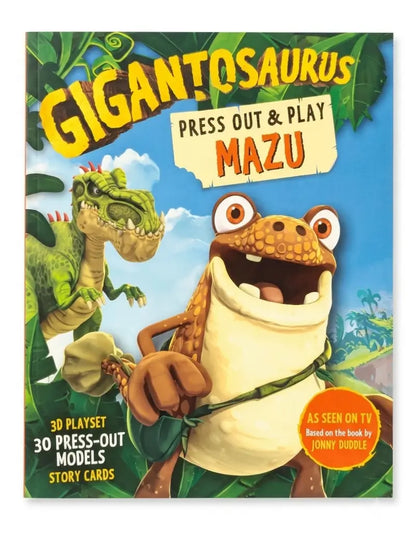Gigantosaurus press-out and play maze book with cartoon dinosaurs on a colorful background