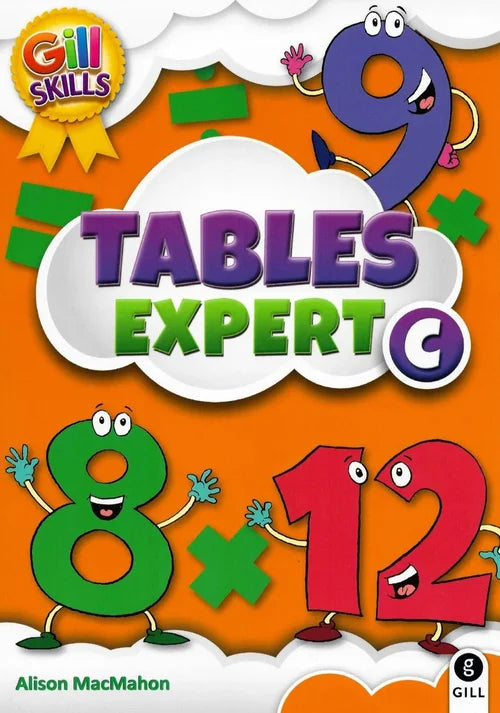 Book cover of '9 Tables Expert C' with colorful numbers and Gill Skills logo on an orange background.
