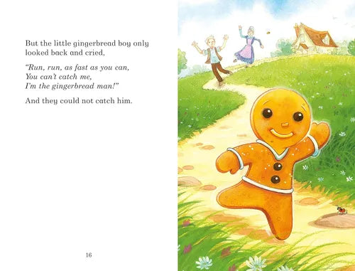 Illustration of a gingerbread man in a storybook setting with text.