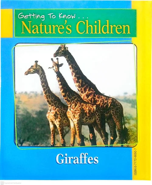 Book cover of 'Getting To Know Nature's Children: Giraffes' with images of giraffes on a blue and yellow background.