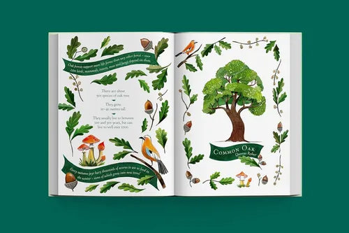 Open book with illustrations of nature, including trees, birds, and plants on a green background.