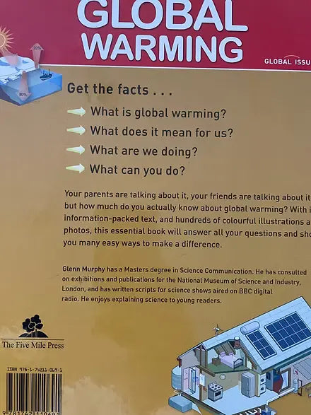 Book cover about global warming with text and illustrations on a brown background