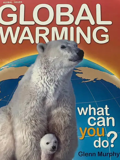 Book cover about global warming with a polar bear and cub on a globe background