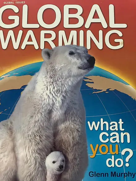 Book cover about global warming with a polar bear and cub on a globe background