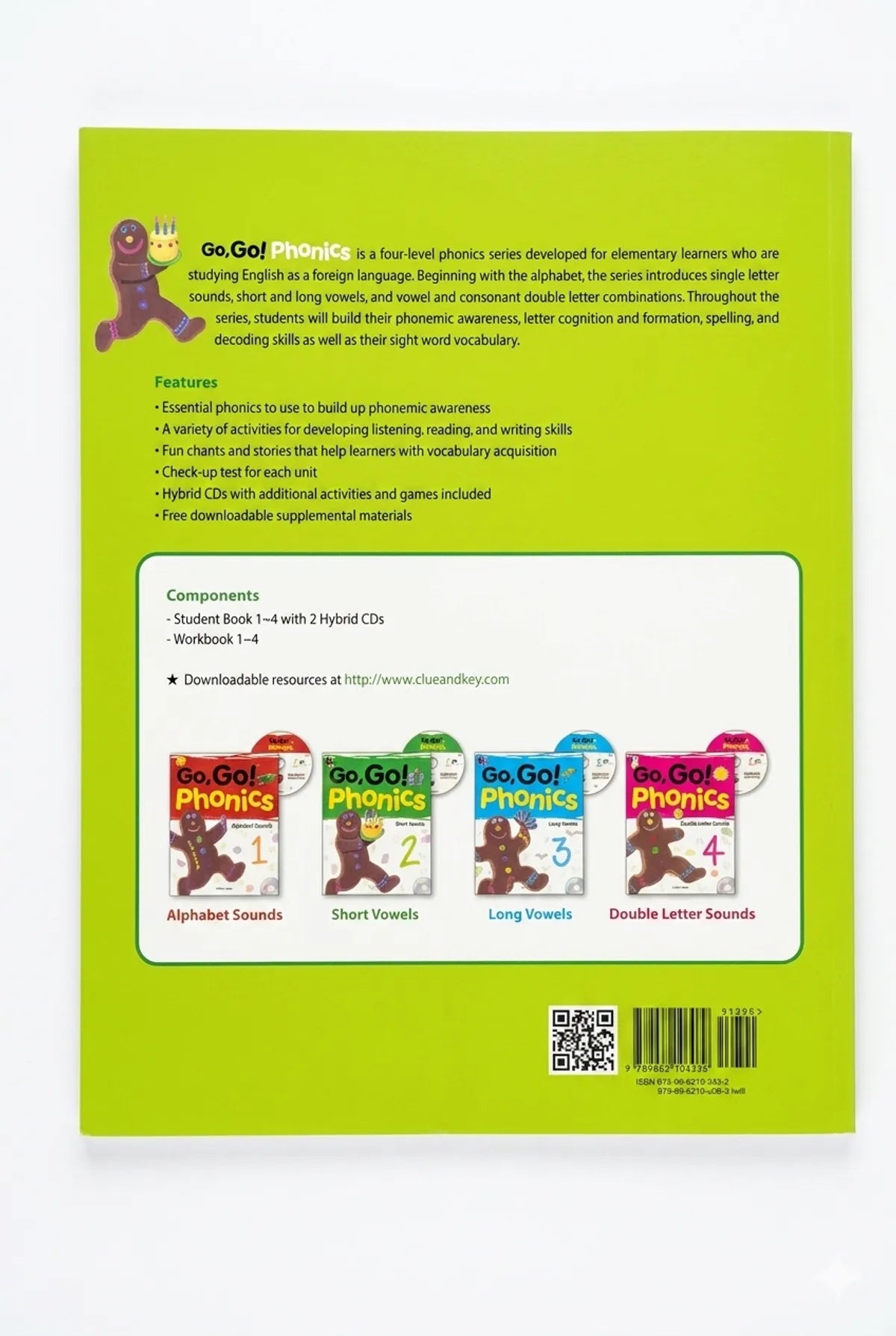 Back cover of a book with text and images of educational materials on a green background