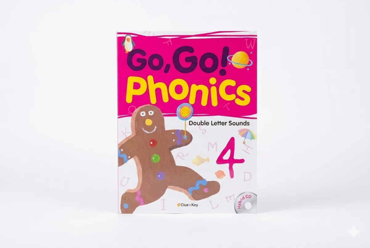 Book titled 'Go, Go! Phonics Double Letter Sounds 4' with a gingerbread man on a white background