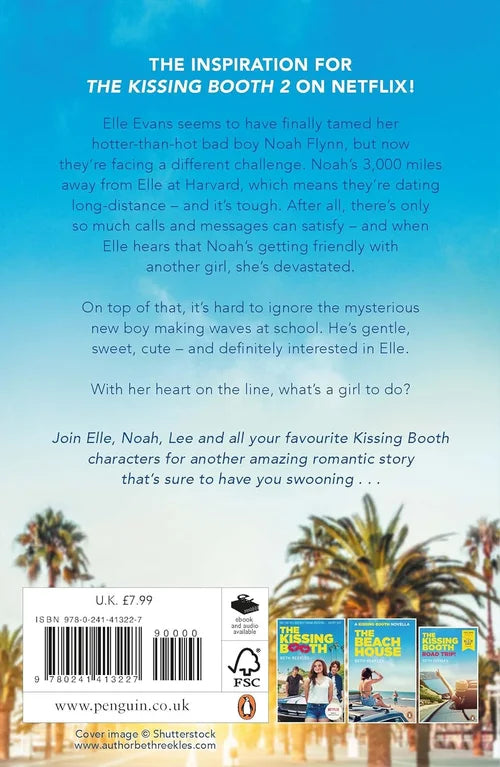 Back cover of a book with text and images of people on a beach, palm trees, and a blue sky.