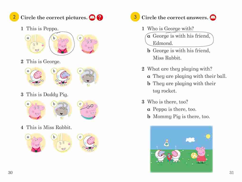 Educational book page with Peppa Pig illustrations and questions.